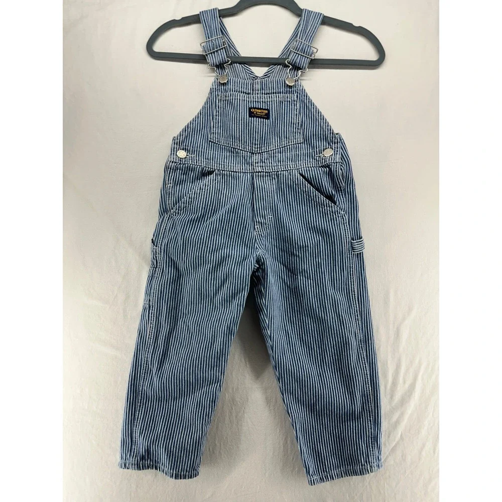 OshKosh B'gosh Kids Blue Hickory Railroad Stripe Denim Overalls Size 4 Vintage‎